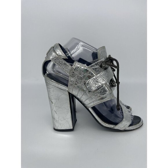 Proenza Schouler Sandals Silver Metallic Woven Leather Size 36 Open Toe Heels - Picture 2 of 6